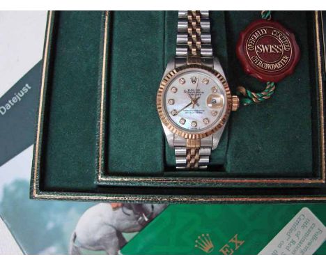 A ladies stainless steel bi-metal Rolex Oyster Perpetual Datejust wristwatch, diamond studded mother of pearl dial, serial nu