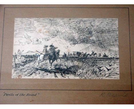 Attributed to Richard Beavis (1824-1896), Perils of the Road, pen and ink drawing depicting Highwaymen, 10cm by 17cm, pencil 