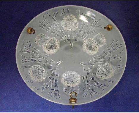 A French Sabino frosted glass plafonnier light shade of dished circular form, relief decorated with stylised foliage, circa 1