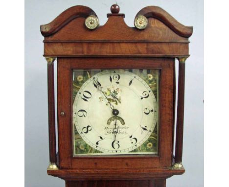 Henry Rowley of Shrewsbury, an early 19th century oak and mahogany longcase clock, the hood with broken arch pediment, brass 