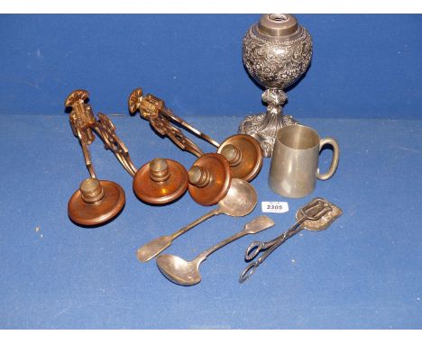 A Walker &amp; Hall lamp base with ornate decoration, a Pewter tankard, serving tongs and a pair of brass Art Nouveau style d