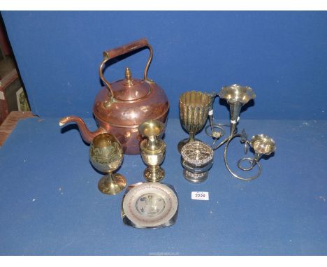 A Copper kettle with brass finial, brass goblets and vases, plated epergne, etc.