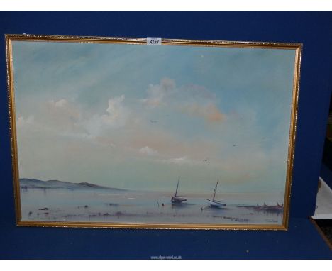 A framed Oil on board of a seascape with moored sailing boats, 30 3/4" x 21".