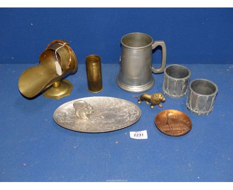 A quantity of brass and metals including Trench Art mini coal scuttle, heavy drum pots, pewter tankard, etc.