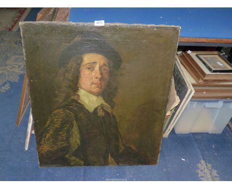 An unframed Oil on canvas depicting a portrait of a gentleman wearing a hat with a white collar and ruffled sleeves, no visib