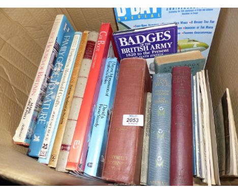 A box of books including 'Practical Clock Repairing', 'Badges of The British Army', 'Cambridge County Geographies of Hereford