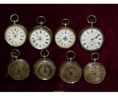 Eight Silver cased compact/lady's key wound Pocket/Fob watches including several marked 935, one unmarked but with engine tur