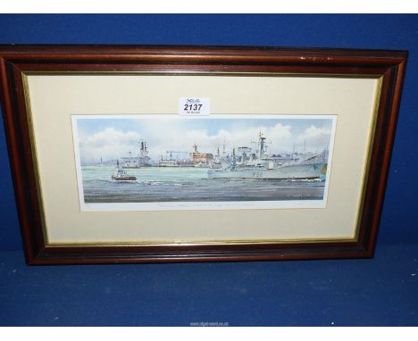 A Limited Edition Print no. 833/850 by K. W. Burton depicting Portsmouth Harbour featuring HMS Ark Royal and HMS Hermione, 19