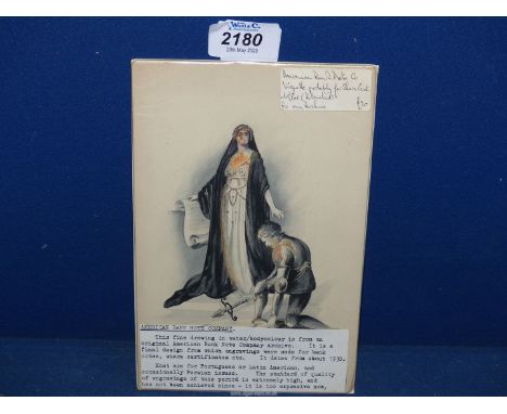 An unframed Watercolour taken from an original American Bank Note company archive, a final design from which engravings were 