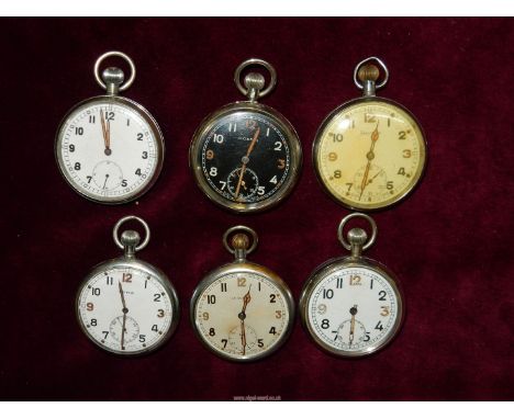 Six crown wound Pocket Watches with Arabic numerals and inset second hands including 'Leonidas', marked Broad Arrow GS/TP 097