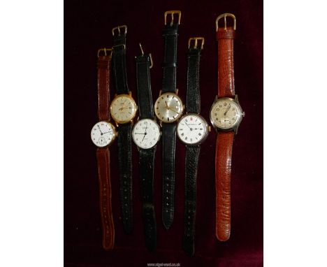 Six Gentlemen's Watches, all having leather straps and including 'Avia' 17 jewels Incabloc' with date window, an un-named wit