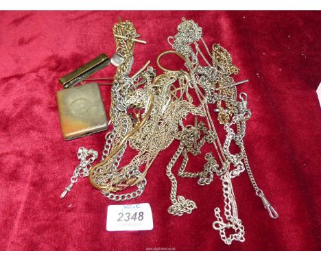 A quantity of yellow and white metal chains including; fob chains, necklaces etc, plus a small card case marked 'James Walker