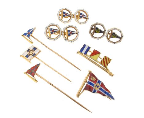 A 9ct gold pennant brooch, the signalling flags with enamel decoration, 3.5cm high. A pair of 9ct gold and enamel cufflinks a