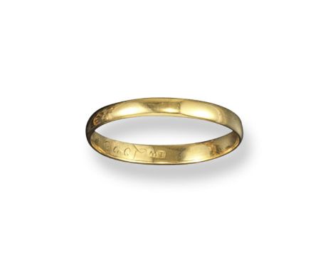 An 18th century gold posy ring, engraved to the interior 'Love and(?) live happy'. Marked with initials IW. 1.9g, size P½.