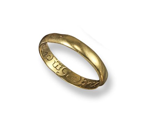 An 18th century gold posy ring, engraved to the interior 'I have obtaind in God ordaind'. Marked with initials KL. 3.9g, size