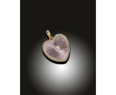 A heart-shaped locket pendant by Fabergé, the gold locket centred with a cushion-shaped diamond with radiating lilac guilloch