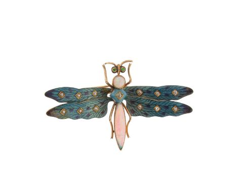 A late Victorian insect brooch, the wings set with small cushion shaped diamonds on the realistically designed enamel ground.