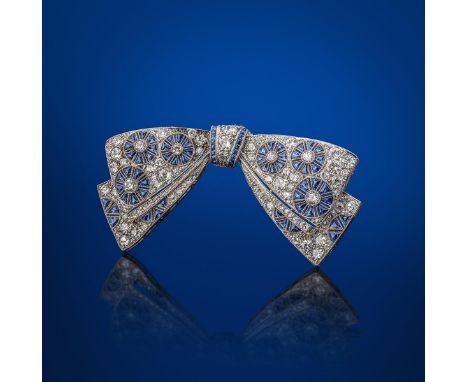 An early Art Deco bow brooch, with calibré-cut sapphire-set circular motifs with diamond centres, on pavé-set graduated circu