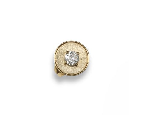 A diamond solitaire ring, set with a round brilliant cut diamond which weighs approximately 1.25cts. Yellow gold mount with s