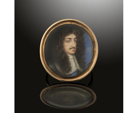 A Charles II loyalty ring, the glazed portrait miniature attributed to Nicholas Dixon.  The King is turned to his left and we