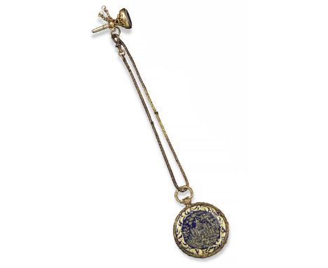 A lady's 19th century open faced key-wind fob watch, centred with a scalloped guilloche pattern and with black Roman numerals