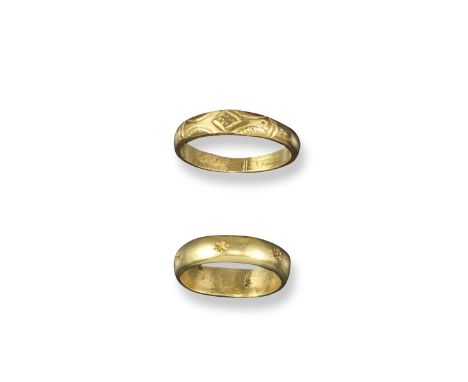 An 18th century gold ring, engraved to the exterior with mullets. 6.0g, size K. With another 18th century gold ring with an e