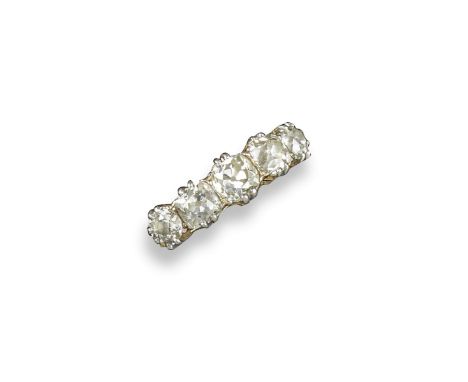 A diamond five stone ring, the graduated old circular-cut diamonds are set in platinum and yellow gold. Size O 1/2. Mappin & 