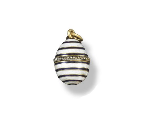 A small gold egg pendant by Fabergé, with a central ring of rose cut diamonds and further gold bordered blue and white enamel