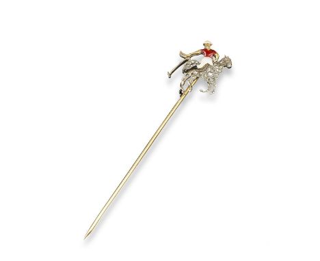 A French 19th century diamond and enamel stick pin, realistically designed as a Polo player, with red enamel shirt mounted on