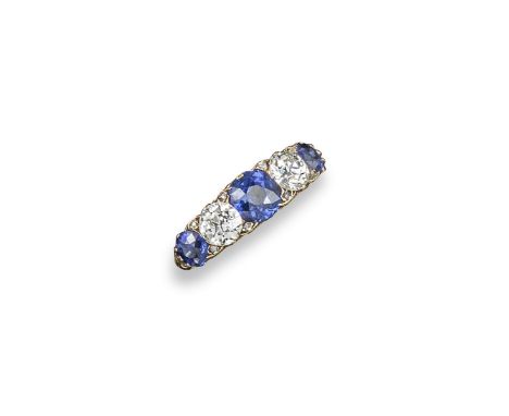 A 19th century sapphire and diamond five stone ring, alternately set with circular-cut diamonds and cushion-shaped sapphires 