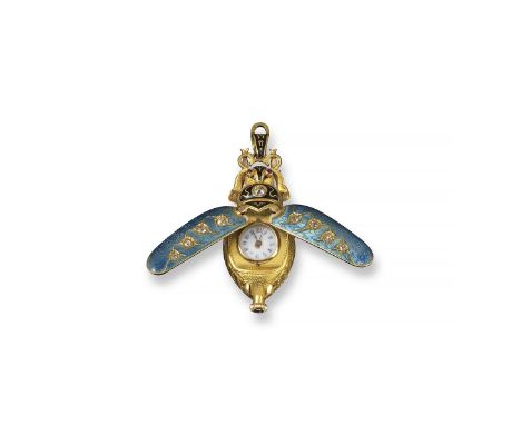 An early 20th century gem set gold and enamel insect watch pendant, realistically formed, the hinged folding wings set with g