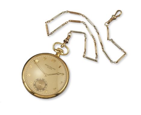 A gentlemen's 18ct yellow gold open faced pocket watch by Patek Philippe, the plain signed gold dial with applied gold Arabic