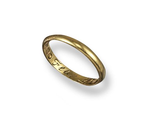 An 18th century gold posy ring, engraved to the interior 'Fear God & love me'. Marked for London, 1795 and with initials HB. 