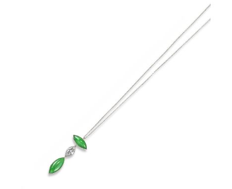 A jadeite and diamond pendant, designed as a marquise-shaped jade cabochon below a marquise-shaped diamond and a further marq