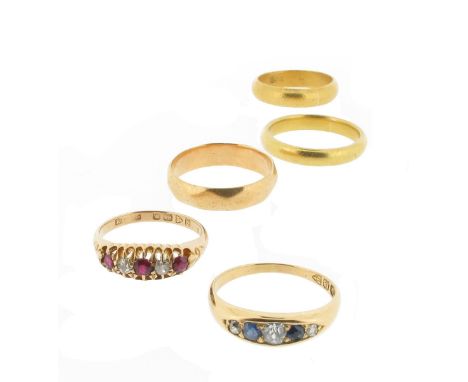 Five assorted gold rings, including an 18ct yellow gold ruby and diamond five stone ring, size I. An 18ct yellow gold diamond