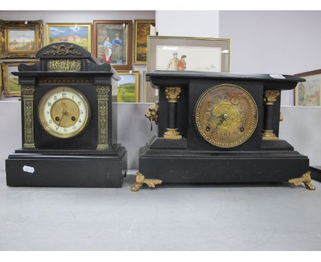 A XIX Century Black Slate Mantle Clock, with a circular dial, Arabic numerals, together with a XIX Century ebonised mantle cl