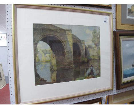 After Stanley Royle, Baslow Bridge, print, with label on verso, 35 x 44cm.