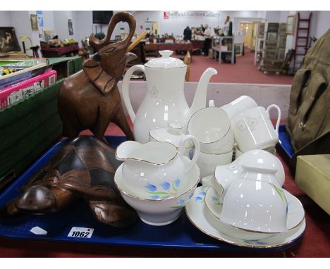 Doulton 'Mystique' Coffee Service, of fifteen pieces, Royal York tea ware, wooden elephant and tortoise:- One Tray.