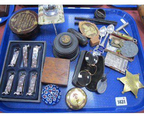 A 'Sputnick' Table Lighter, with seaweed and shells inset clear plastic, decorative boxes, badges, 9ct gold Victorian pinz-ne