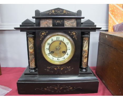 A XIX Century Black Slate Mantle Clock, with a circular dial, Arabic numerals, column supports, plinth base.