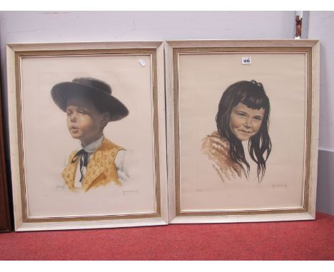 R. Hebbelinck, Portrait of a Young Girl and Boy, probably German; XX Century Limited Edition Lithographic Prints, images 42 x