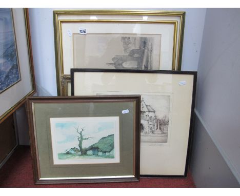 XX Century Watercolour of a Girl, (unsigned), Kay Rees Davies watercolour of flowers, XIX Century print of Kirkstall Abbey, a