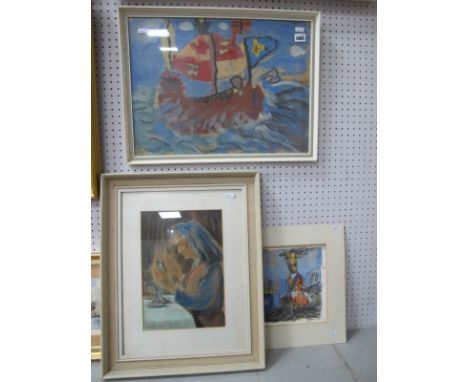 Mark Sigland? Nun at Prayer, pastel, signed bottom right; James M Quinn, abstract watercolour, signed bottom right, unframed,