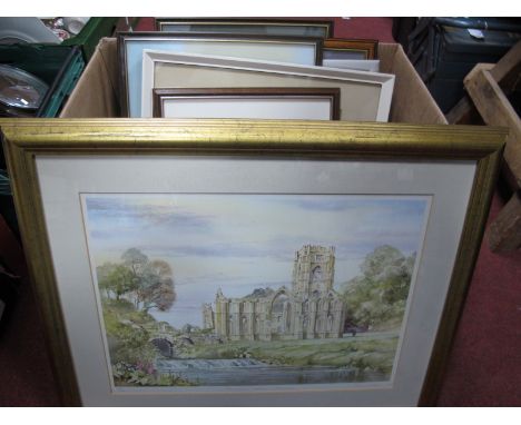 Kathleen White, 'The Parish Church, Broughton', lino print signed to margin, 21.5 x 18cm. Beauchief Abbey engraving, other pi