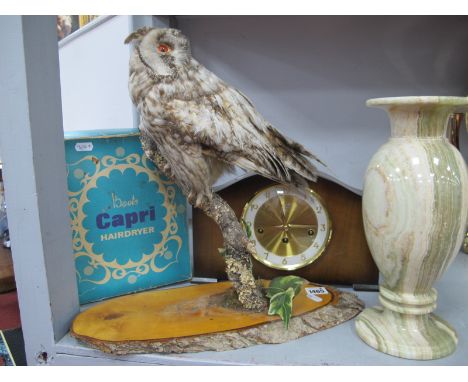 Alabaster Vase, 30cm high. Boots Capri hairdryer, Bentima eight day mantle clock, taxidermy owl.