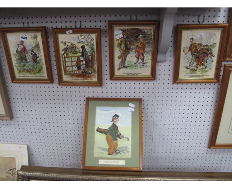 J.F Wilson 'The Caddie', watercolour, signed lower left, 20 x 14.5cm. four related ceramic plaques (one damaged (5).