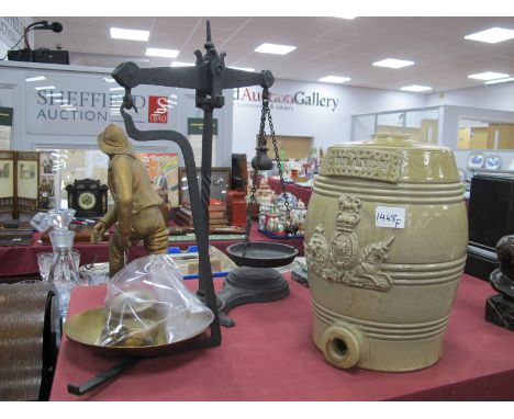 Class 'C' Scales and Brass Weights. Stoneware Brandy barrel featuring unicorn and lion crest, 27.5cm high.