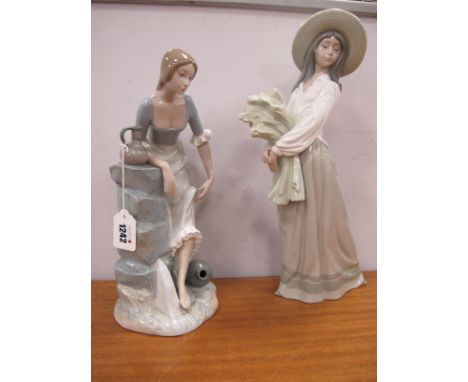 Nao Figurine of Lady by Waterfall, 32.5cm high, another of a Lady Holding wheat sheaf.