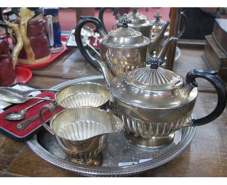 A Silver Christening Spoon and Fork in Case, plated four piece tea service, tray, serving spoons
