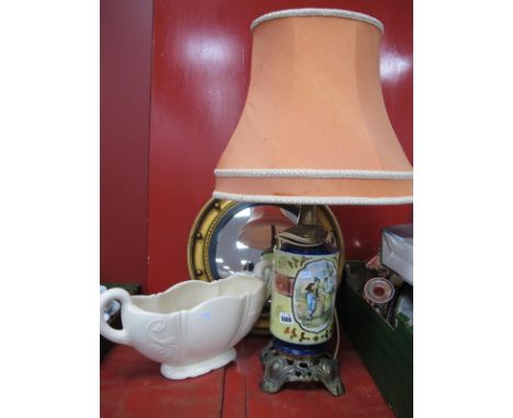 Gilt Table Lamp, having ceramic body, Arthur Wood planter, gilt and bauble framed wall mirror, 43.5cm diameter. (3).